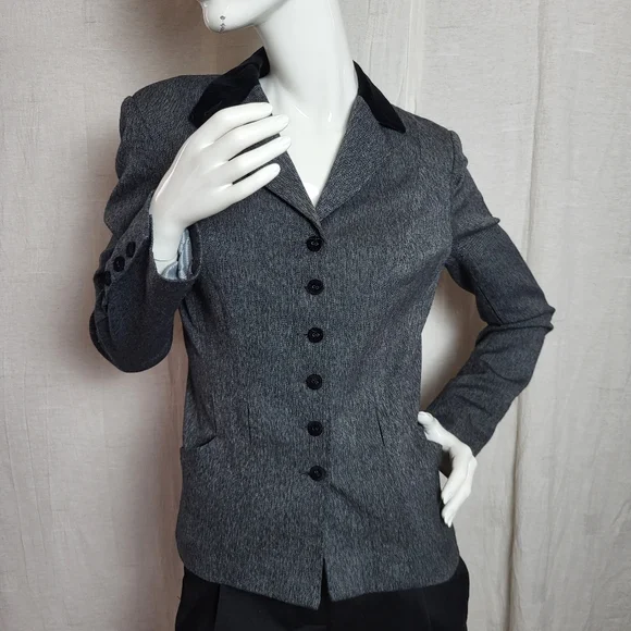 Suzy Shier Women's US4 Blazer Gray Black Velvet Panel Button Front Tailored Fit - Picture 2 of 16